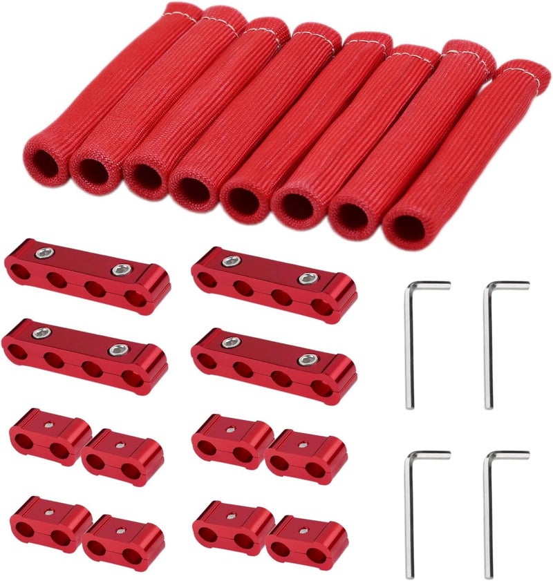 TuhooMall 12pcs Spark Plug Wire Separator Divider & 8pcs Spark Plug Boot Protector, Heat Shield Sleeve for 8mm-10mm Wires, 2500° Heat Shield, Aluminum Alloy Ignition Wire Divider, Red - Image 1